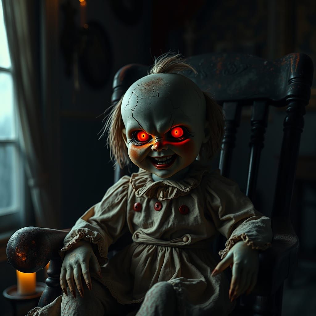 Creepy Porcelain Doll in Dark Room