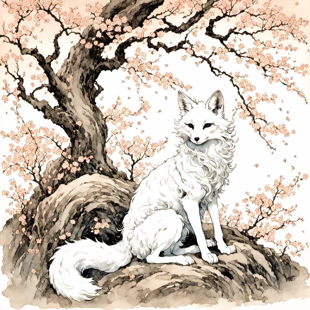 Kitsune Fox Beneath Sakura Tree in Ukiyo-e Style