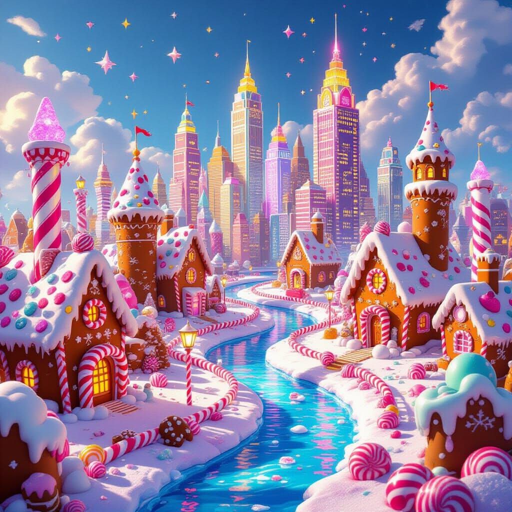 Whimsical Candy Cityscape with Chocolate River