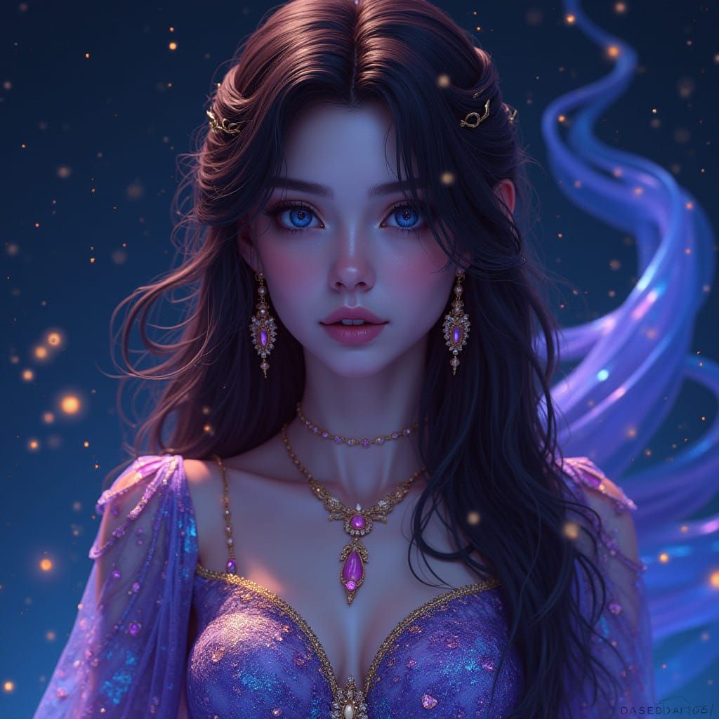 Celestial Goddess in Iridescent Gown, Cyberpunk Style