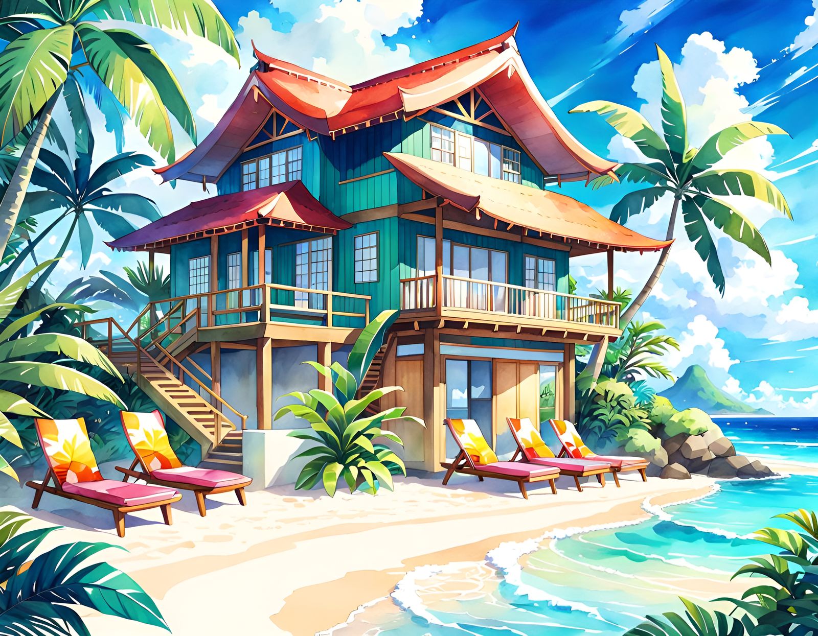 Vibrant Tropical Paradise in Anime Style