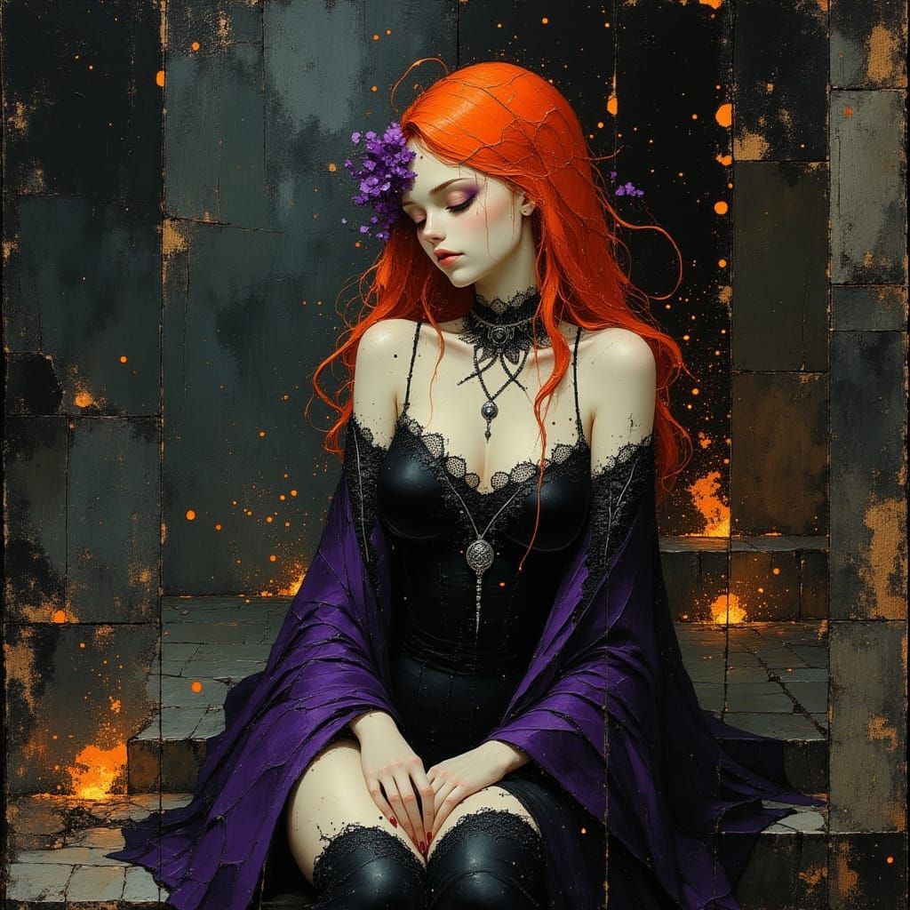 Gothic Redhead Vampire Lady in Dark Dungeon