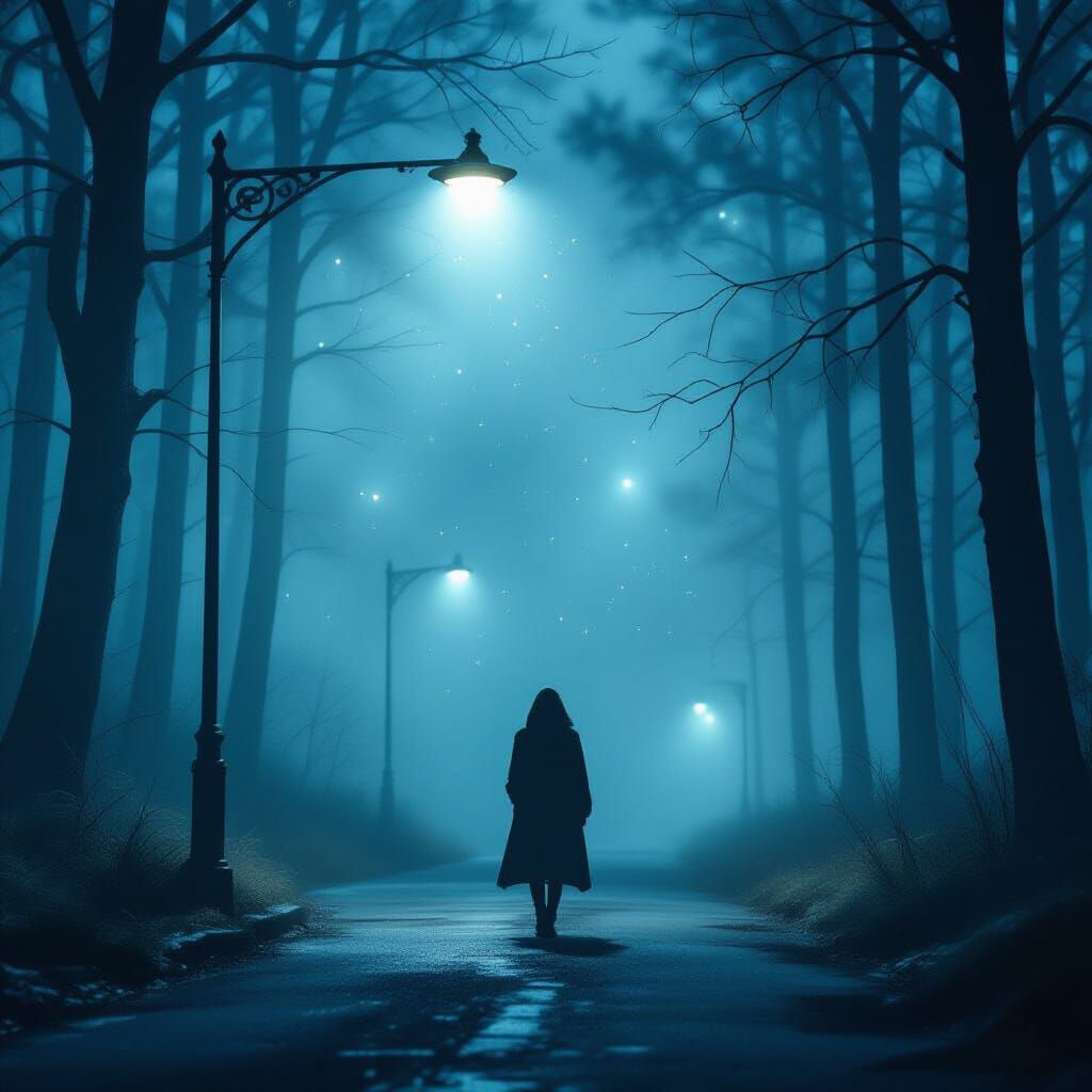Mysterious Figure in Foggy Forest with Streetlight Glow
