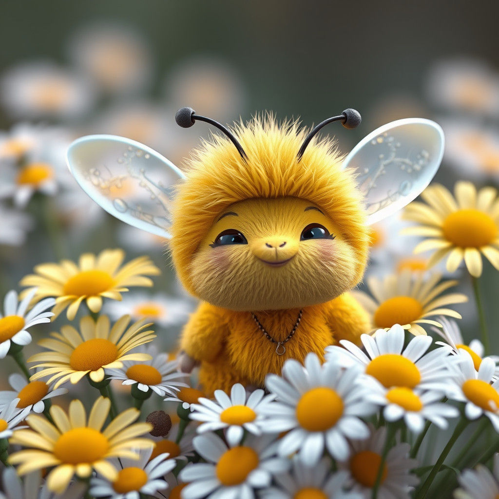 Fuzzy Bee in Daisies: 3D Rendered Character Illustration
