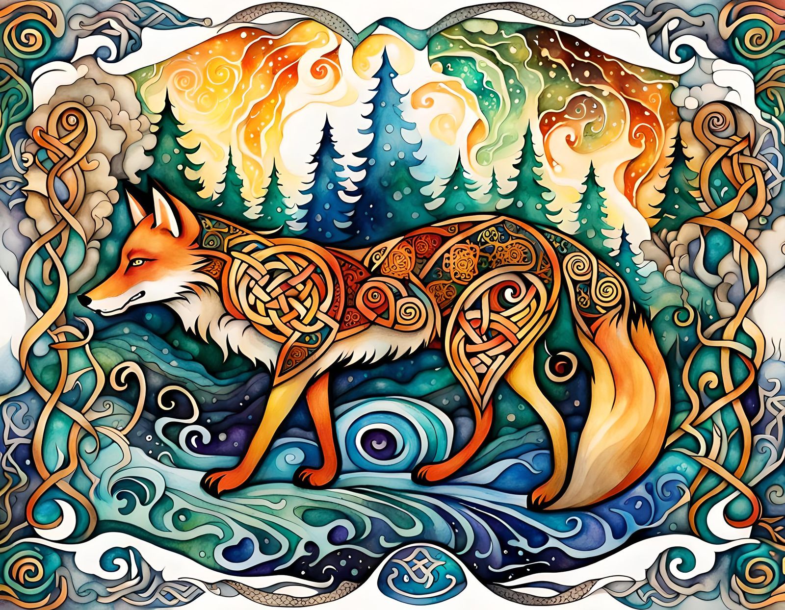 Celtic Fox and Wolf in Nouveau Vague Watercolor