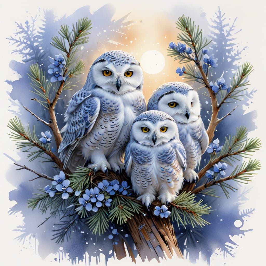 Snowy Owl Owlets on Pine Boughs in Winter