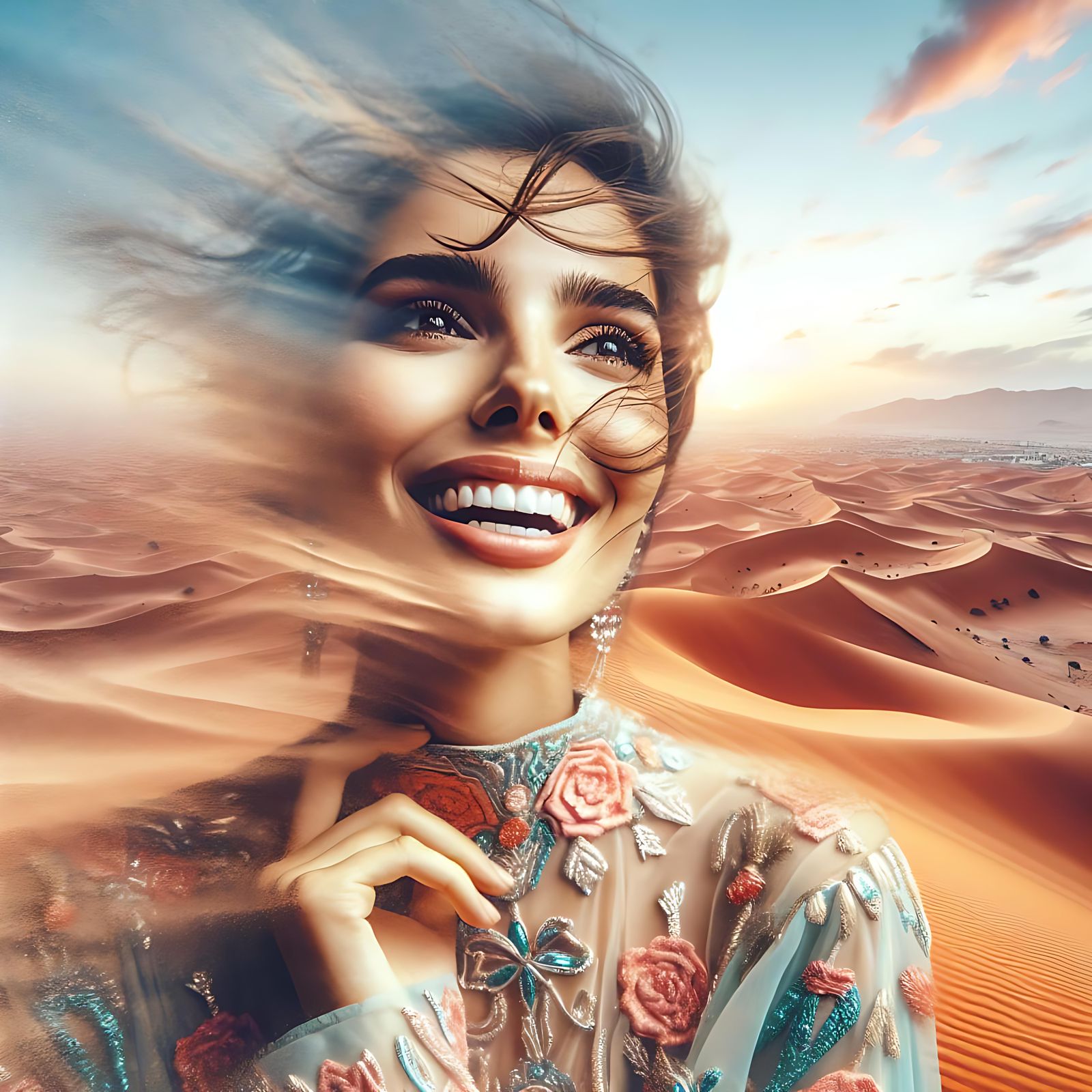 Joyful Arab Woman in Desert Sandstorm: Watercolor Art