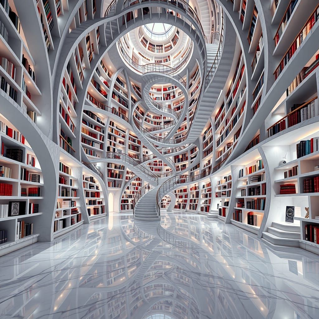 Surreal Library of Infinite Reflections in Cyberpunk Style