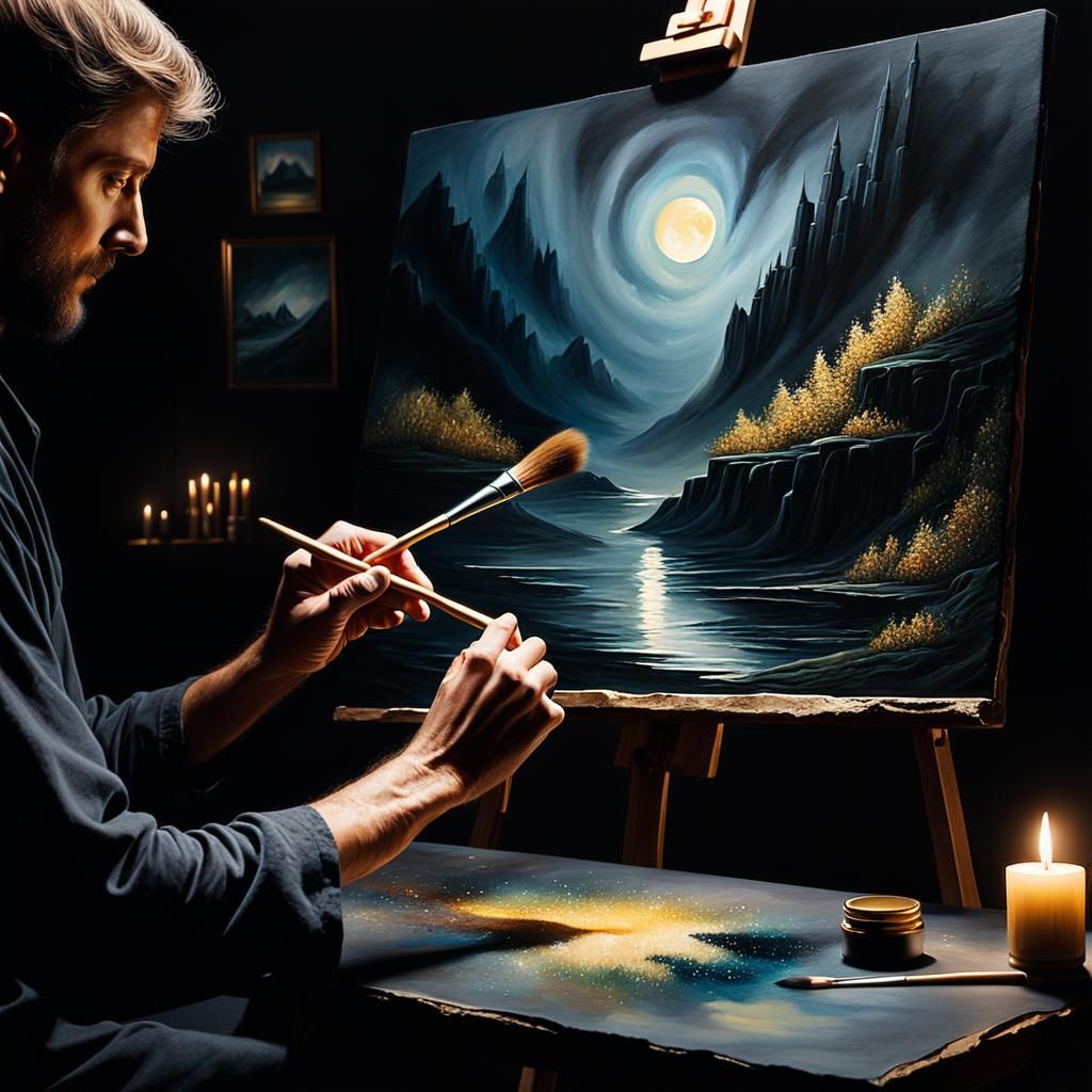 Mysterious Artist Painting Dark Fantasy in Surrealist Style