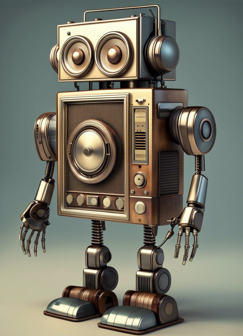Steampunk Robot with Radio Head and Cassette Body