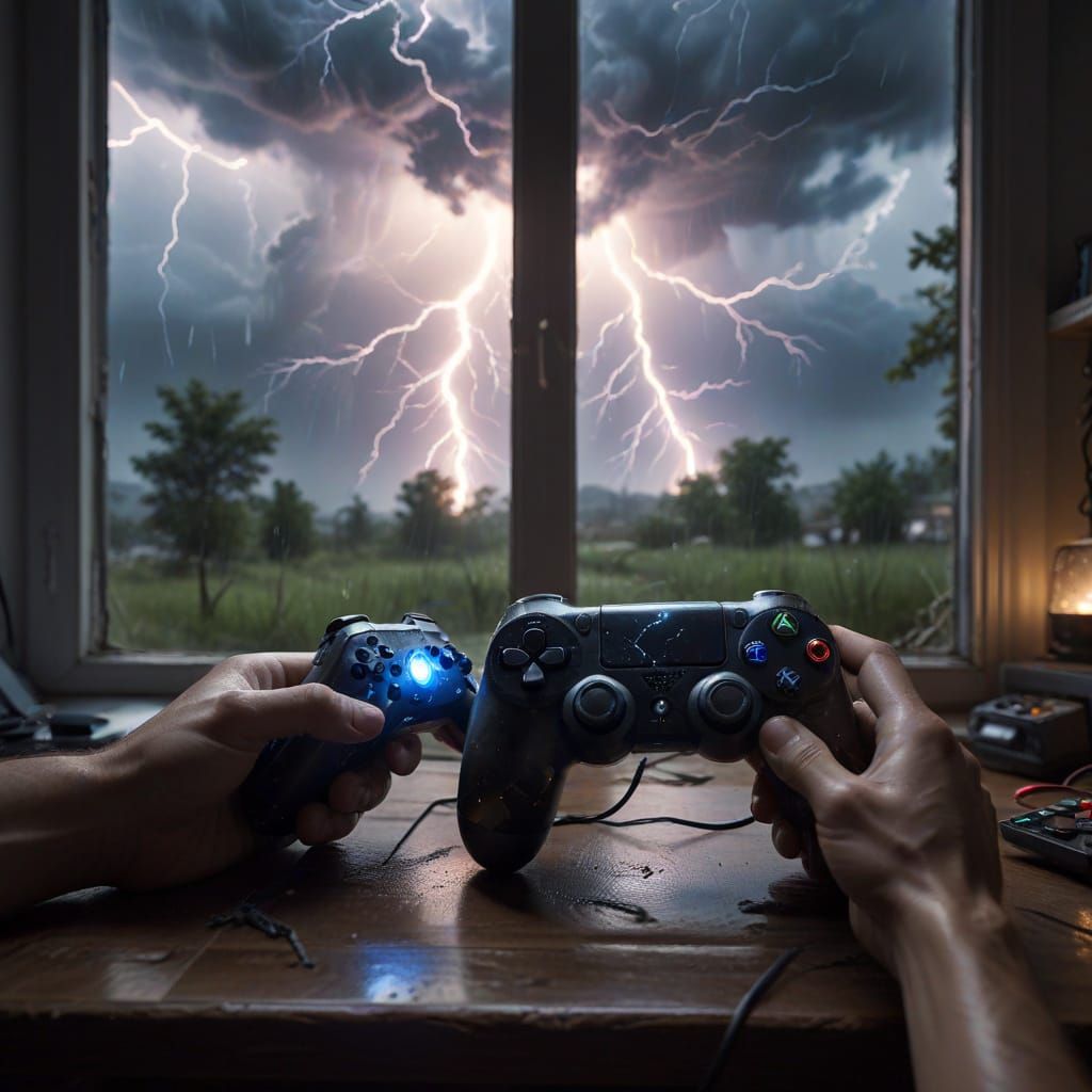 Gaming Controller Glows Amidst Epic Lightning Storm