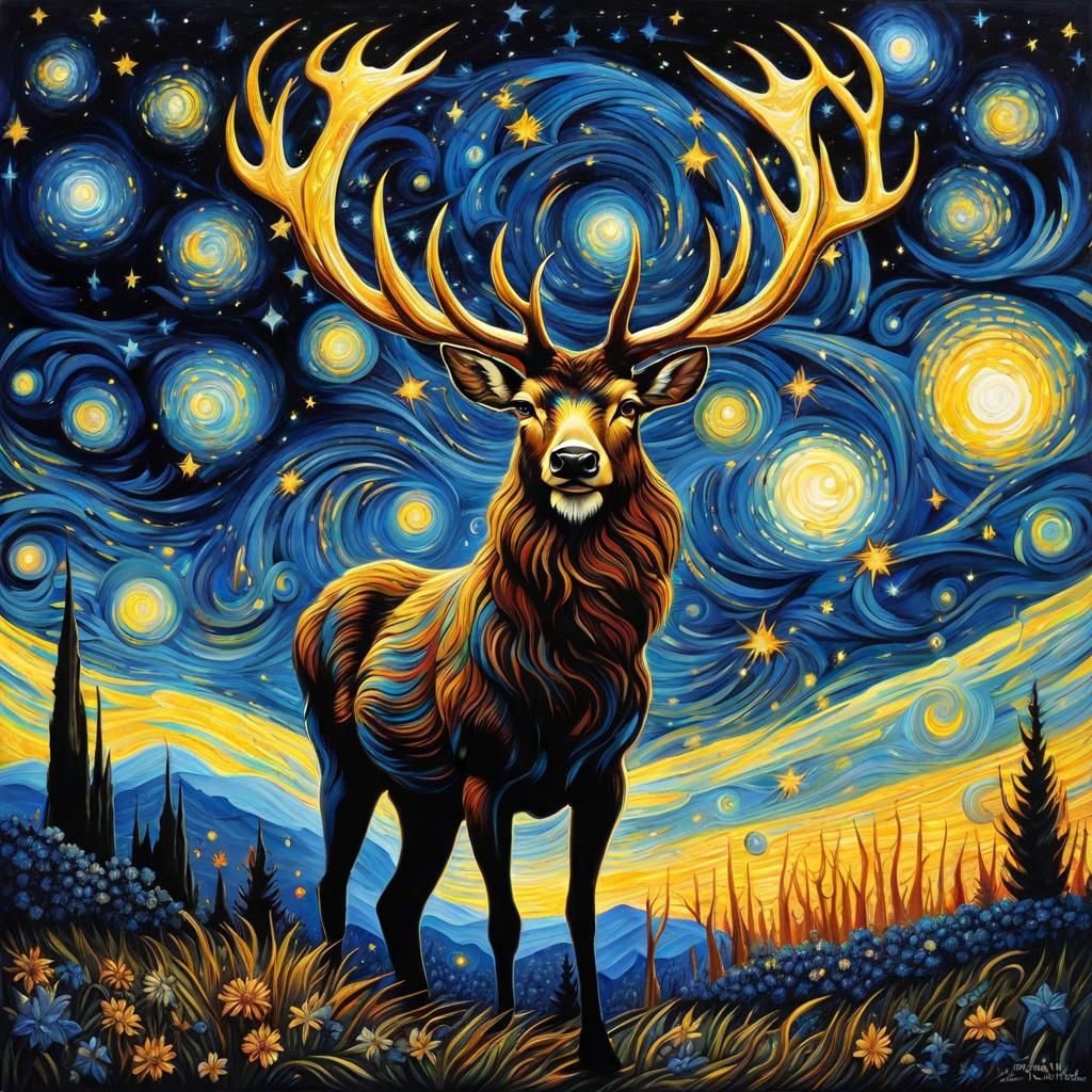 Gothic Stag in Starry Night Sky, Van Gogh Style