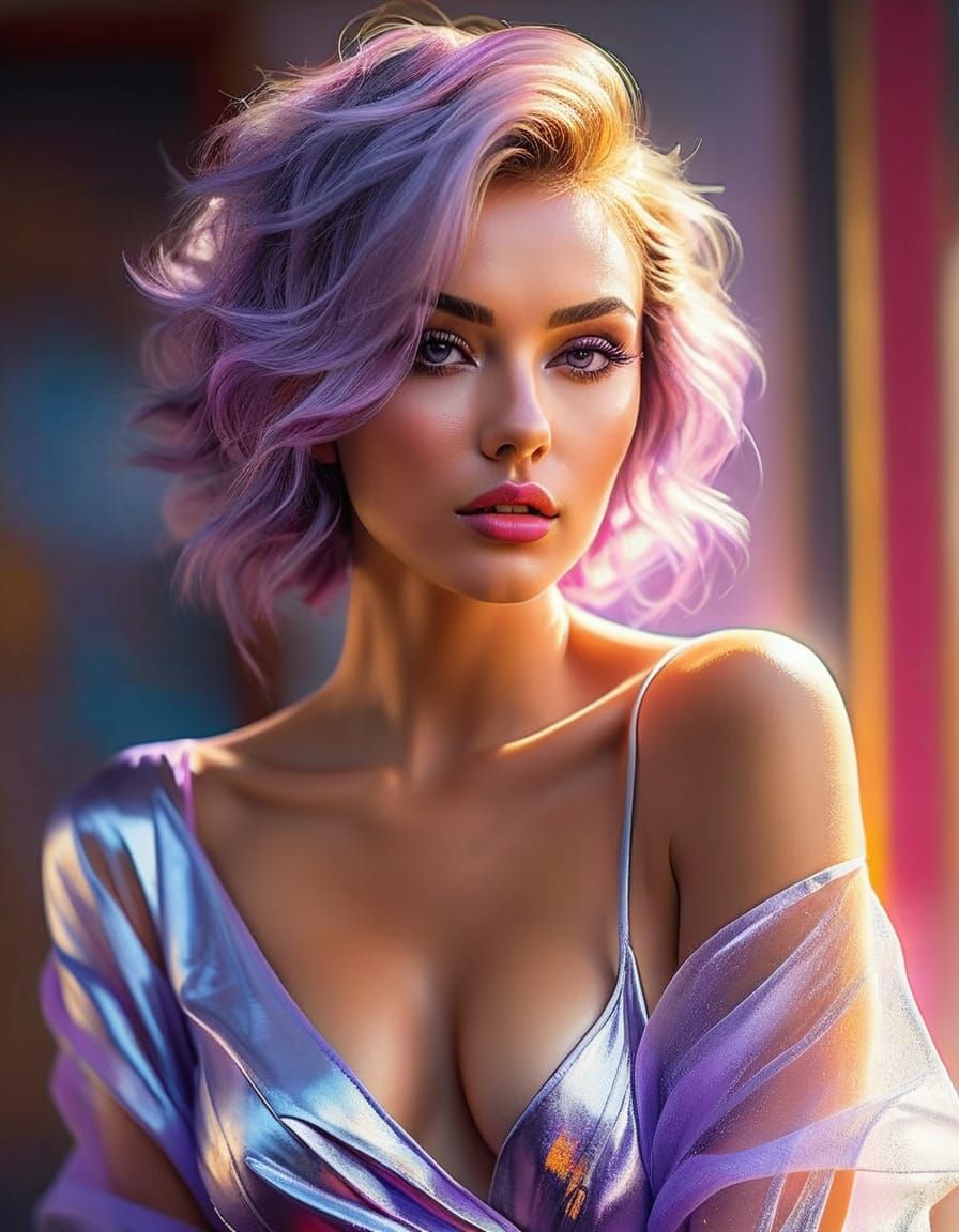 Violet-Haired Woman in Golden Hour: Oil Painting