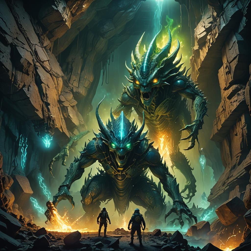 Giant Alien Rager Invades Mine: Digital Matte Painting