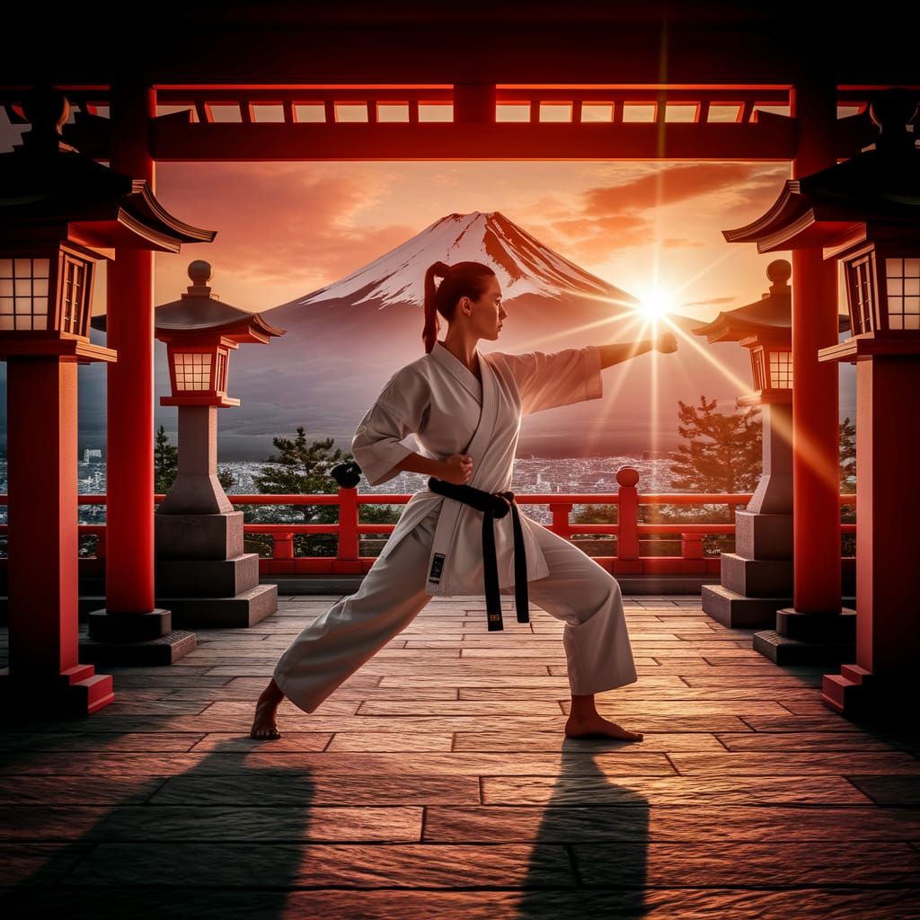 Karate Master Sunset Silhouette in Ultra-Realistic Style
