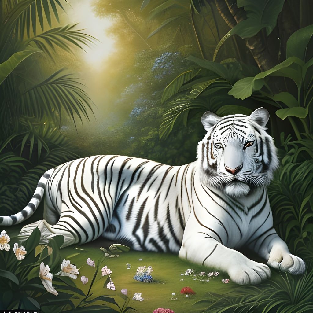 Majestic White Tiger in Vibrant Jungle Habitat