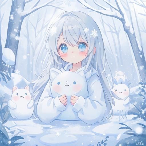 Cute Kawaii Snow Girl in Pastel Winter Scene
