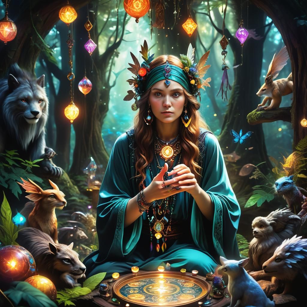 Mystical Fortune Teller in Ethereal Forest, Digital Painting