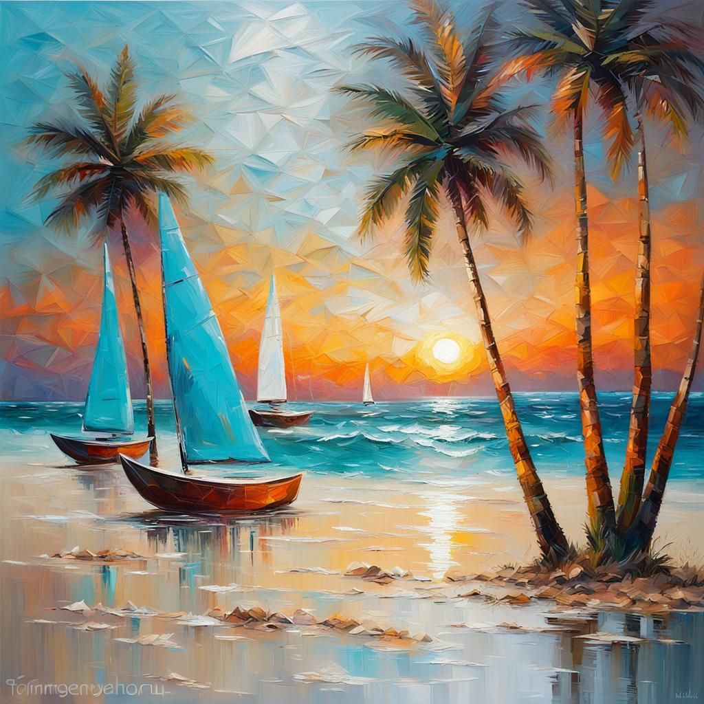 Dreamy Seascape: Oil Painting of Sailboats at Sunset