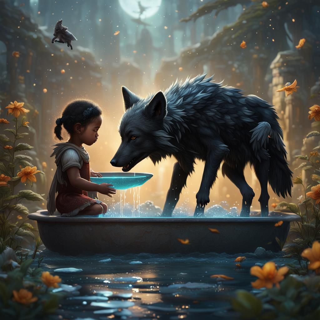 Girl Giving Winged Wolf a Bath: Fantasy Art