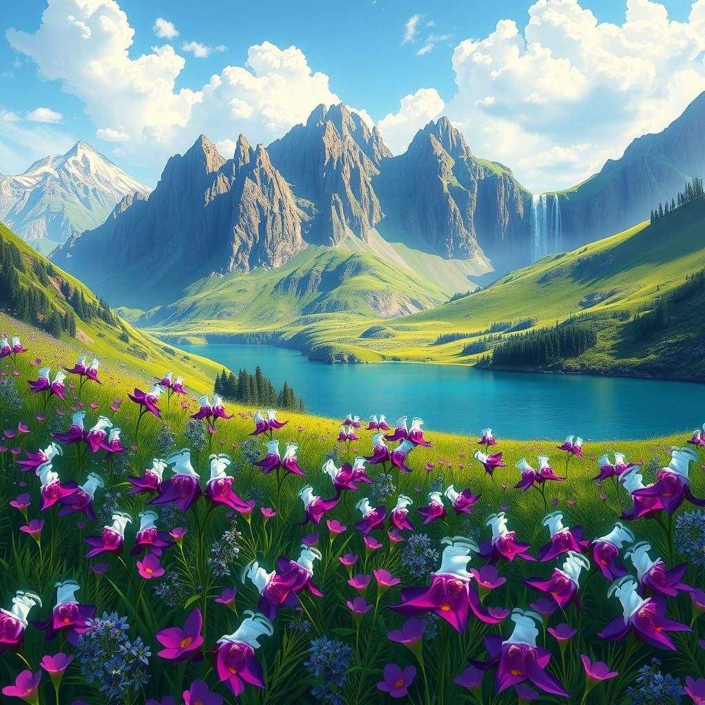 Lush Meadow and Mountains in Astral Cosmic Illustration