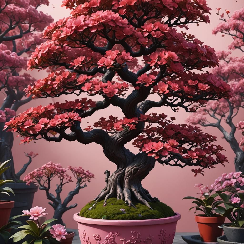 Magical Red Bonsai Tree in Pink Pot