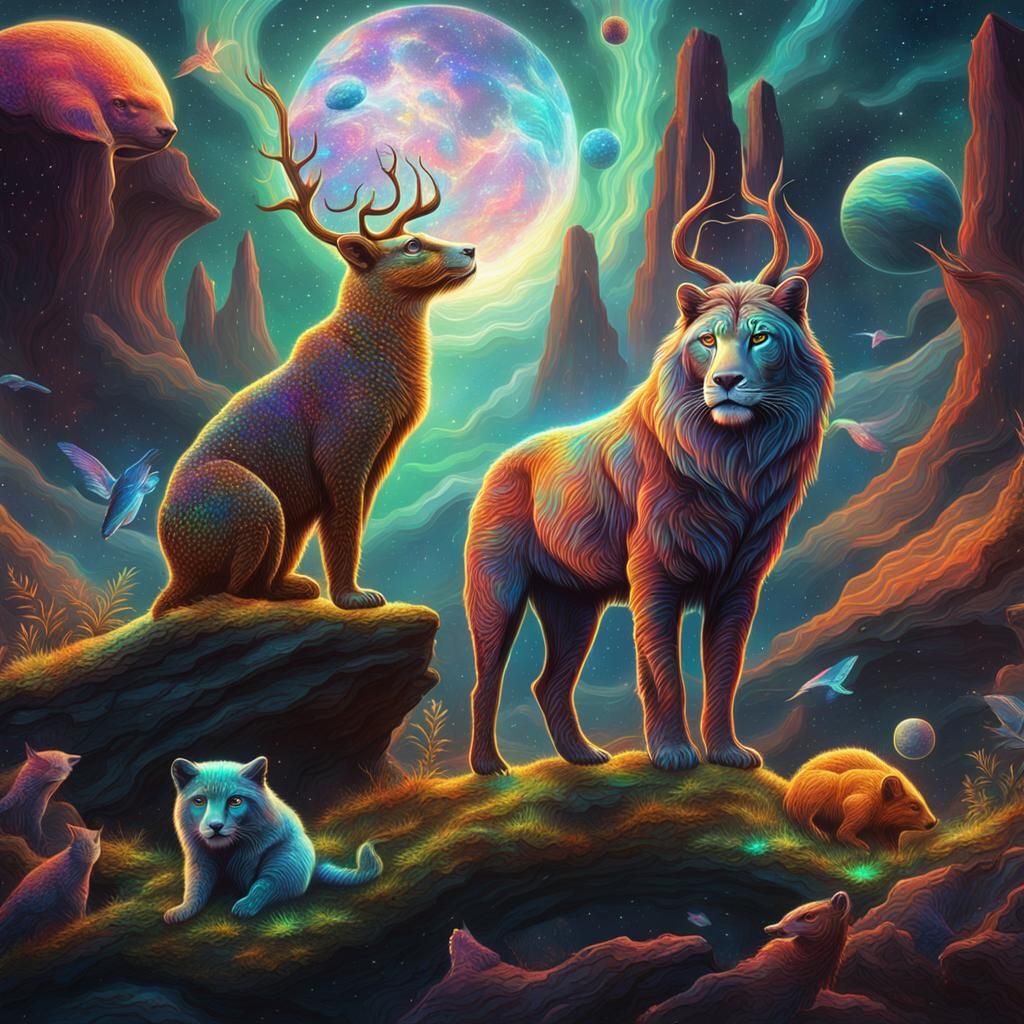 Holographic Cosmic Animals in Astral Illustration