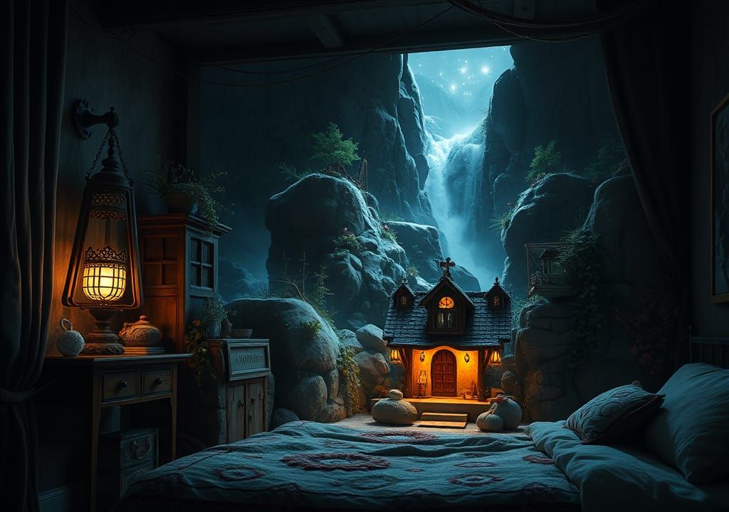 Cascading Waterfall Village Lamp in Fantasy Realism