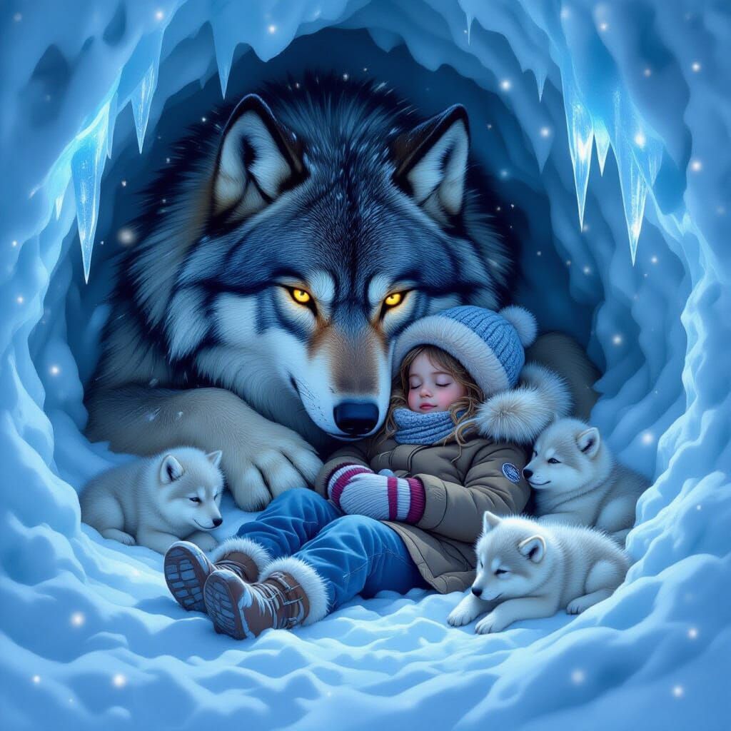 Girl Protected by Wolf in Snow Cave