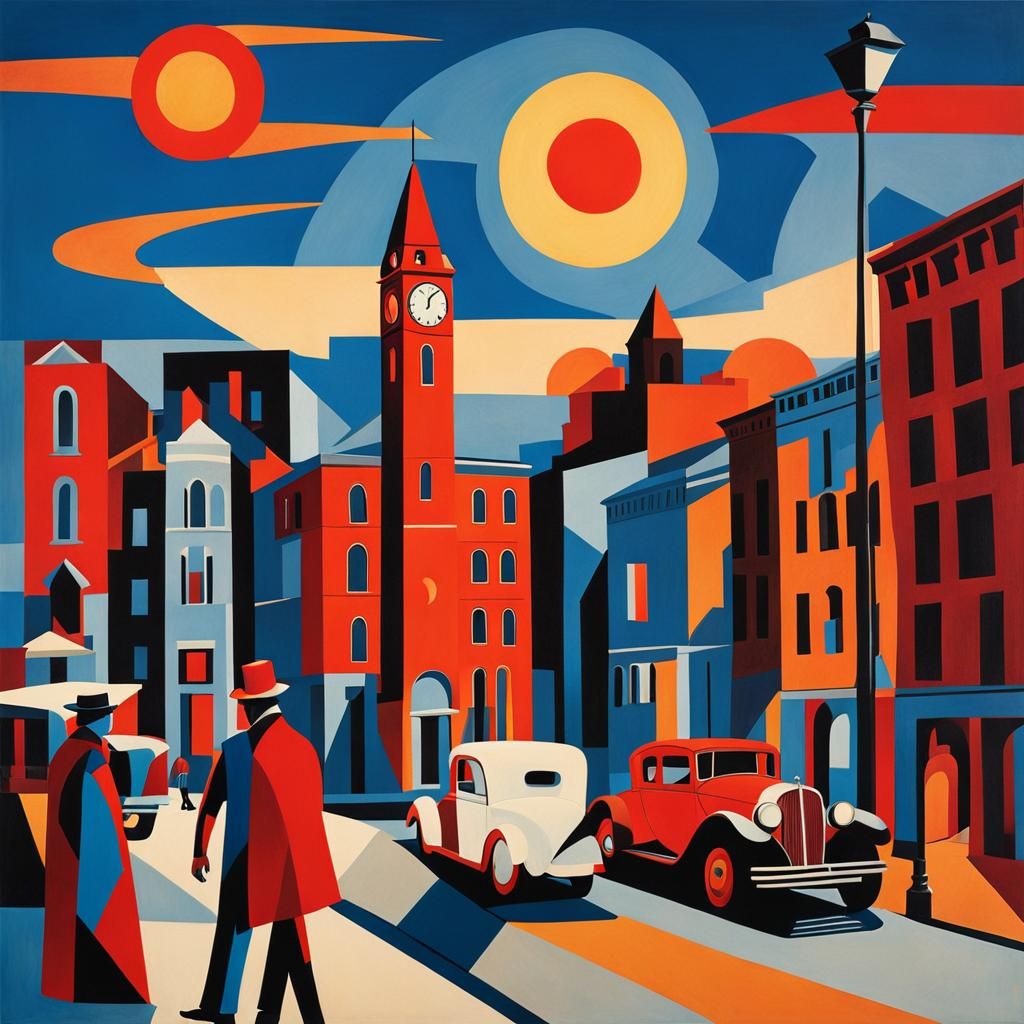 Cubist Town Square with Two Suns, Monochromatic