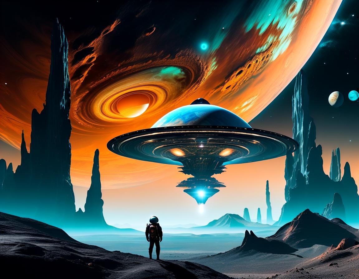 Galileo in Alien Landscape with Lunar Nebula