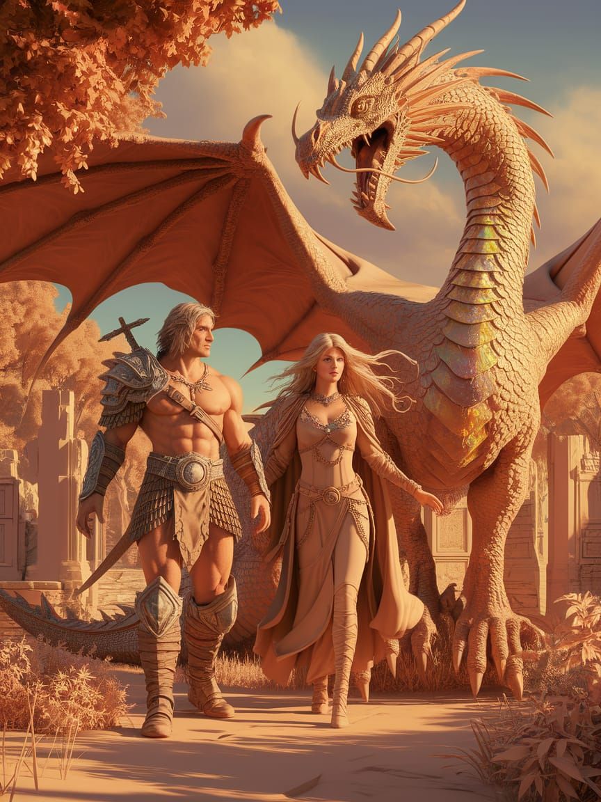 Fantasy Characters and Dragon in Golden Landscape