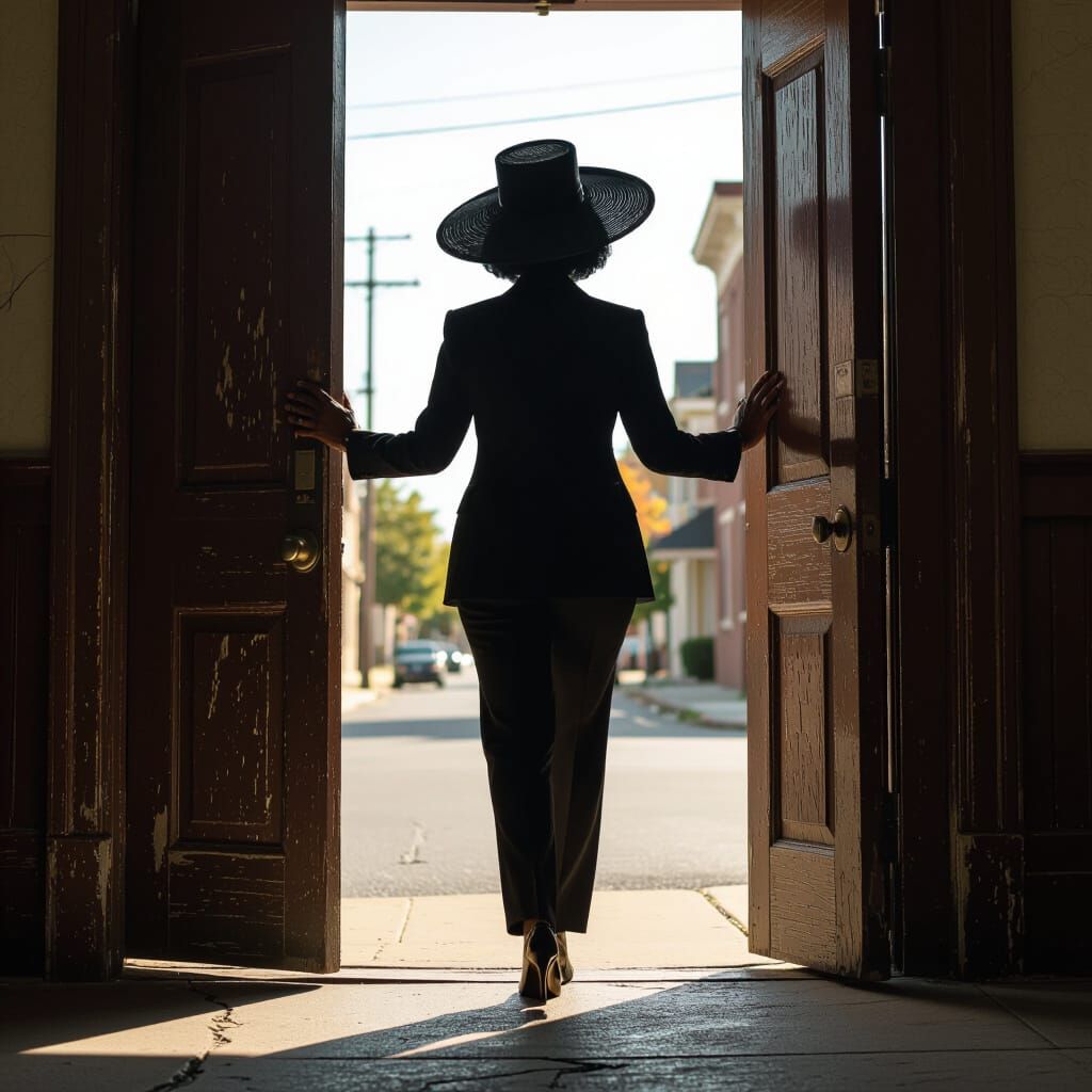 Woman in Elegant Hat Exits Chapel to City Street