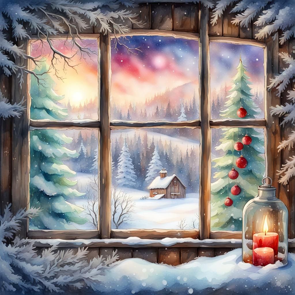 Cozy Christmas Barn Window View in Watercolor Style