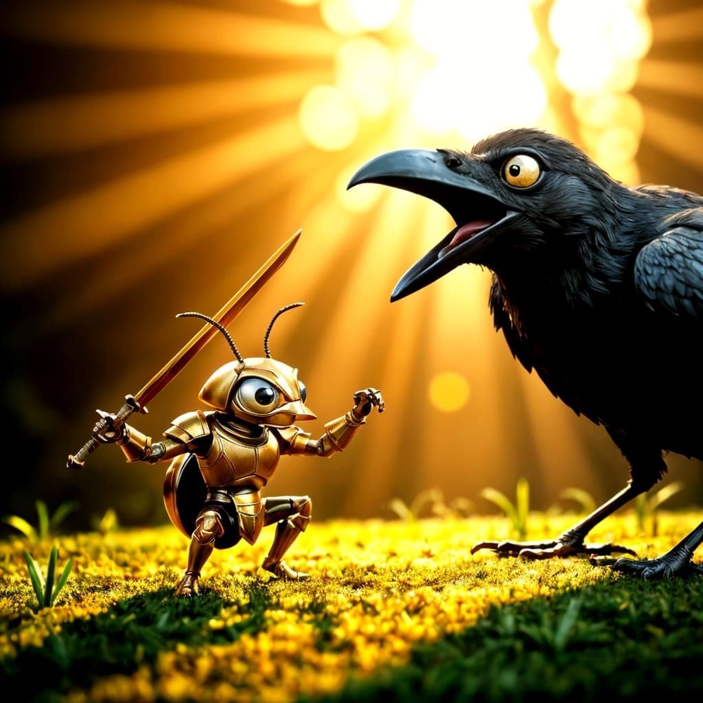 Golden Beetle Warrior Confronts Crow: 3D Digital Art
