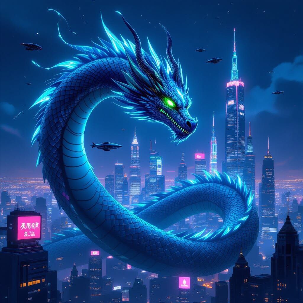 Bioluminescent Dragon Coils Around Cyberpunk Cityscape