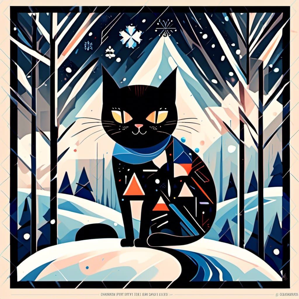 Art Deco Winter Cat Digital Illustration