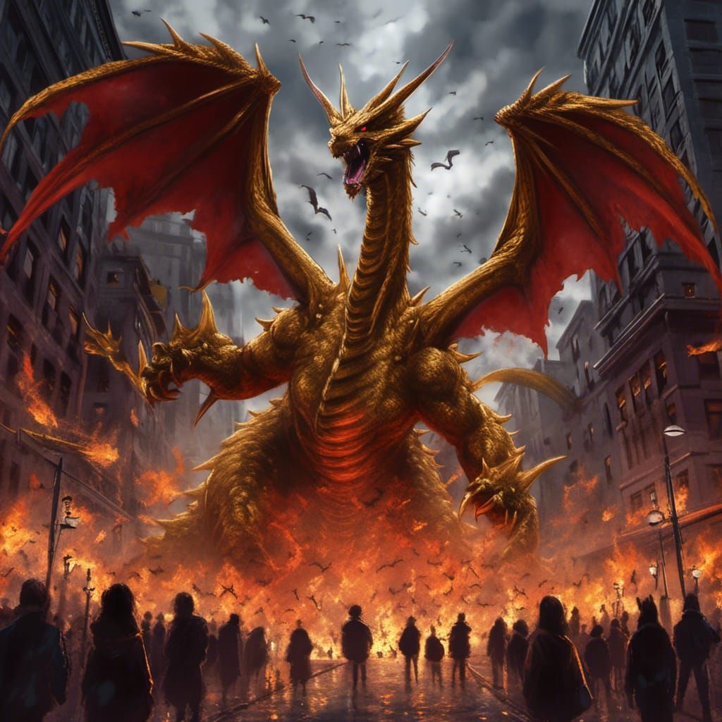 King Ghidorah Rages Through Boston in Anime Style