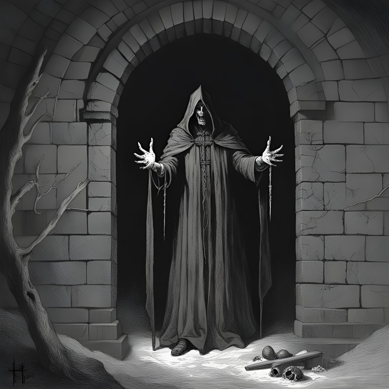 Dark Cellar Scene with Satanic Symbols in Black and White