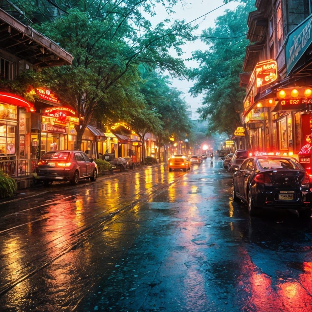 Neon Reflections in a Rainy Street Paradise
