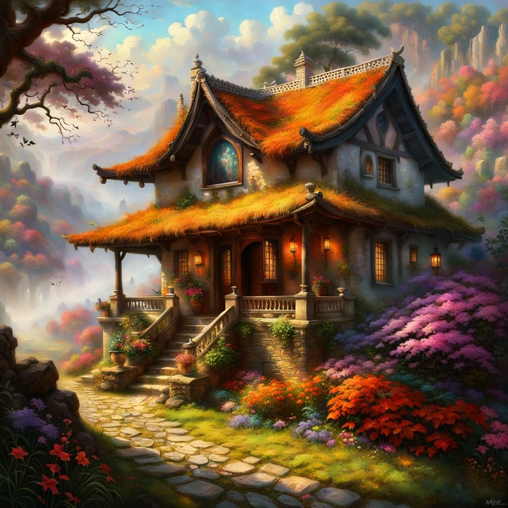 Anime Cottage with Hyperdetailed Eyes and Vibrant Colors