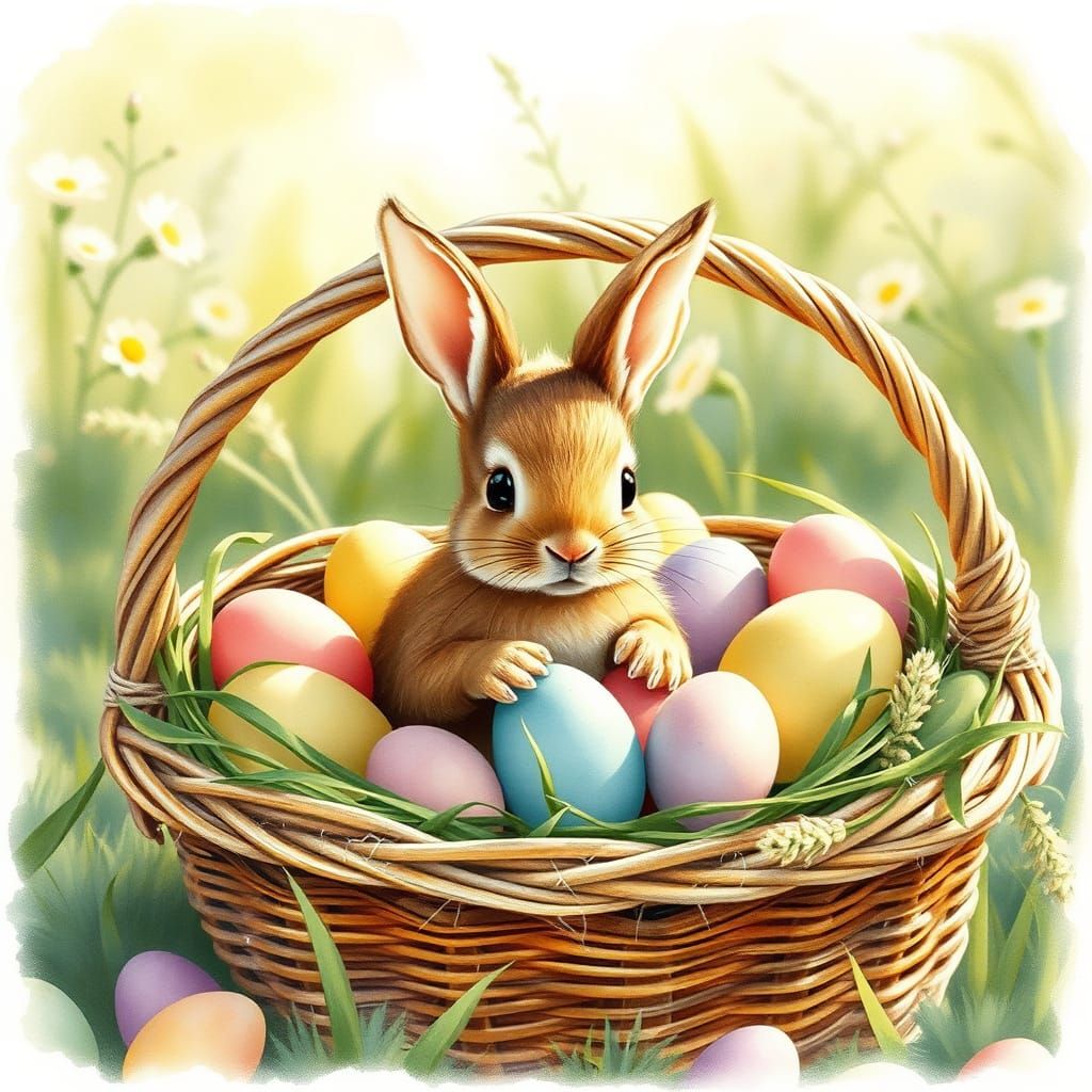 Whimsical Easter Bunny in a Vibrant Wicker Basket