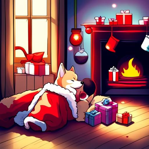 Shiba Inu Christmas Nap in Anime Style