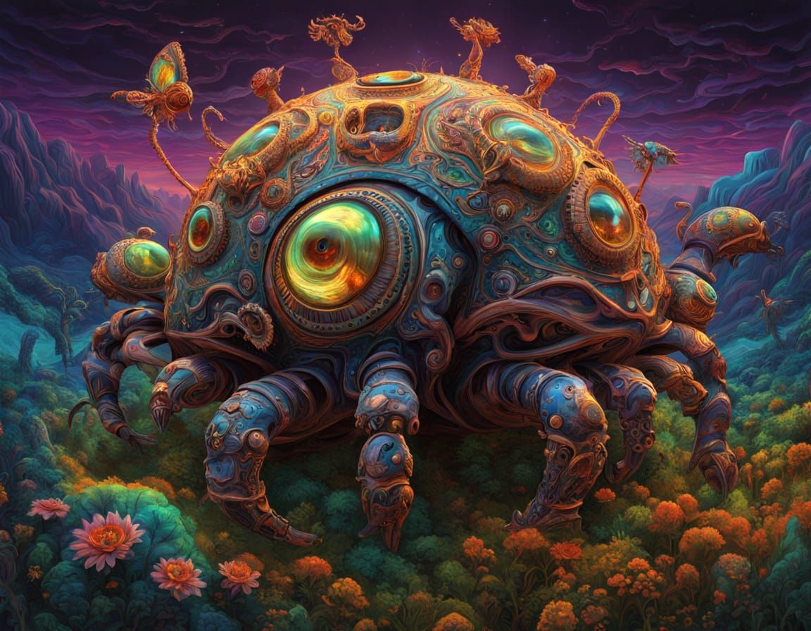 Clockwork Beetle in Surreal Ernst Fuchs Landscape