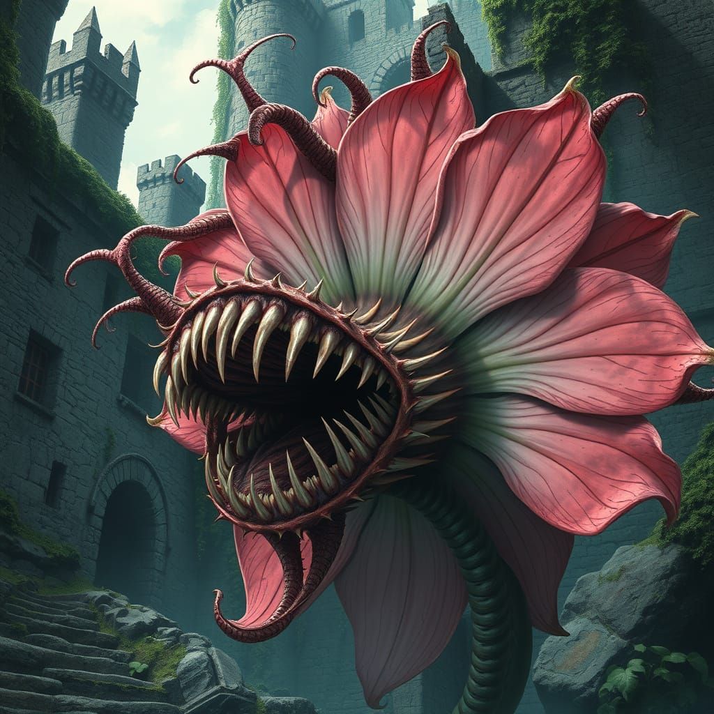 Surreal Carnivorous Flower in Dark Castle Ruins