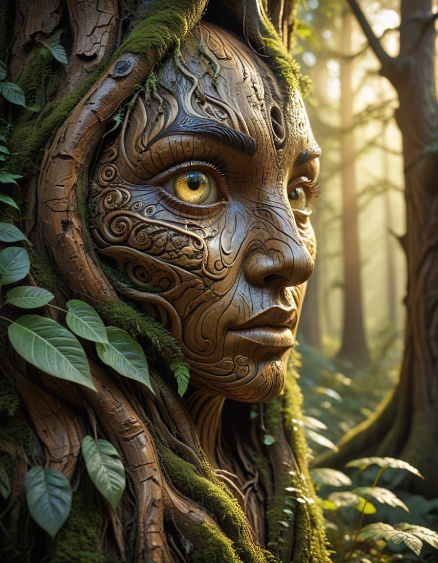 Enchanted Forest: Trees with Natural Carvings in Golden Ligh...