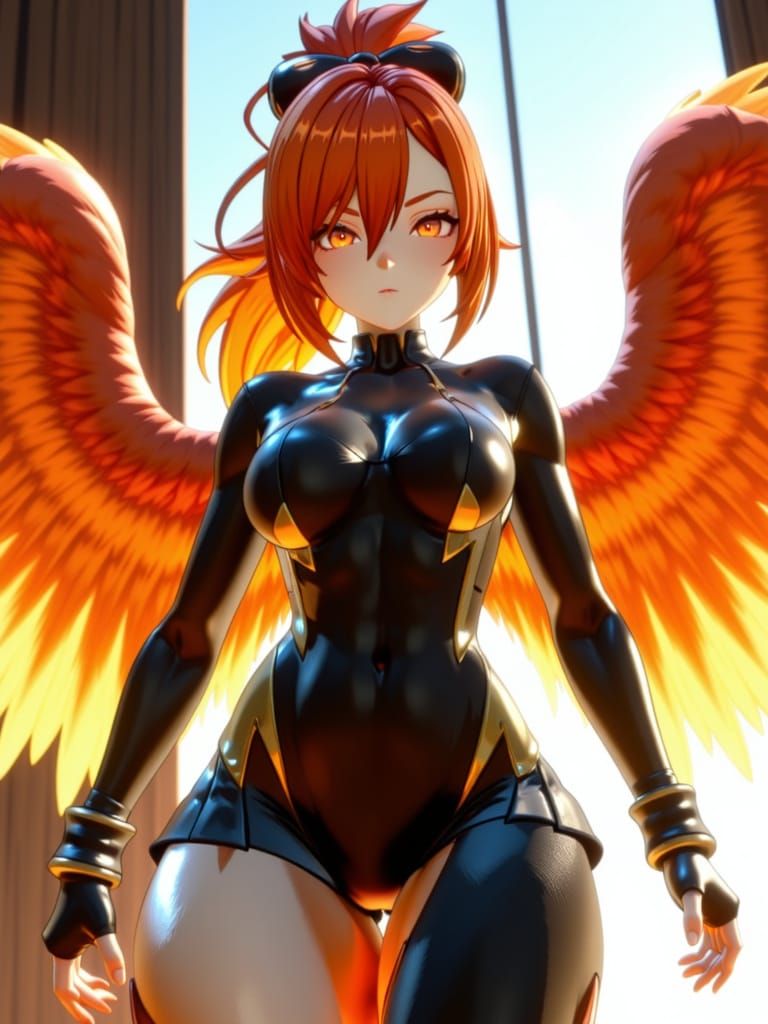 Athletic Female Phoenix in Fiery Anime Game Style