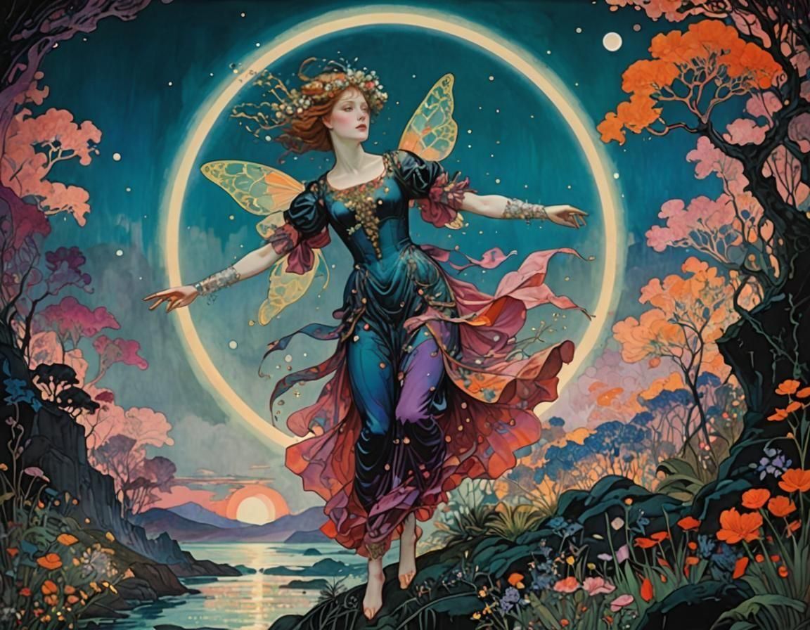 Psychedelic Fairy in Jungle, Art Nouveau Style