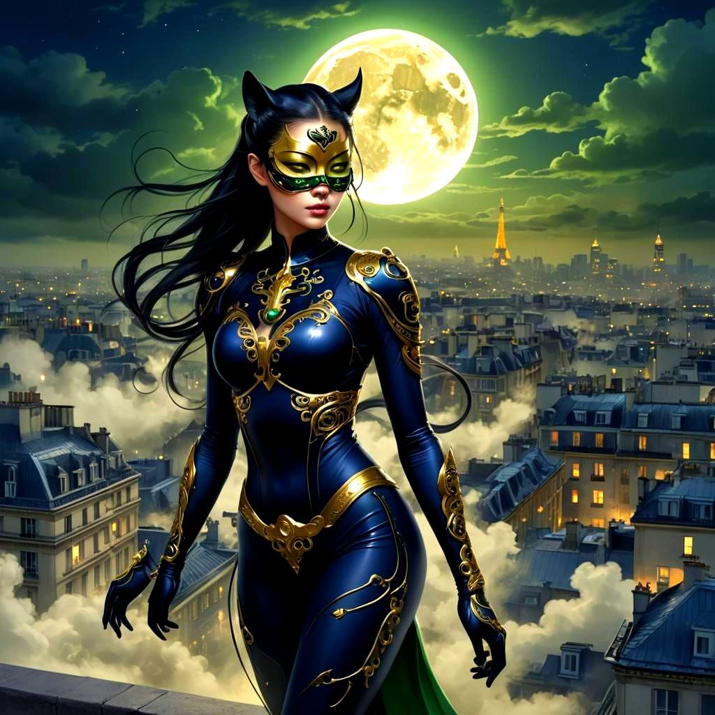 Masked Superheroine with Black Orb on Rooftop