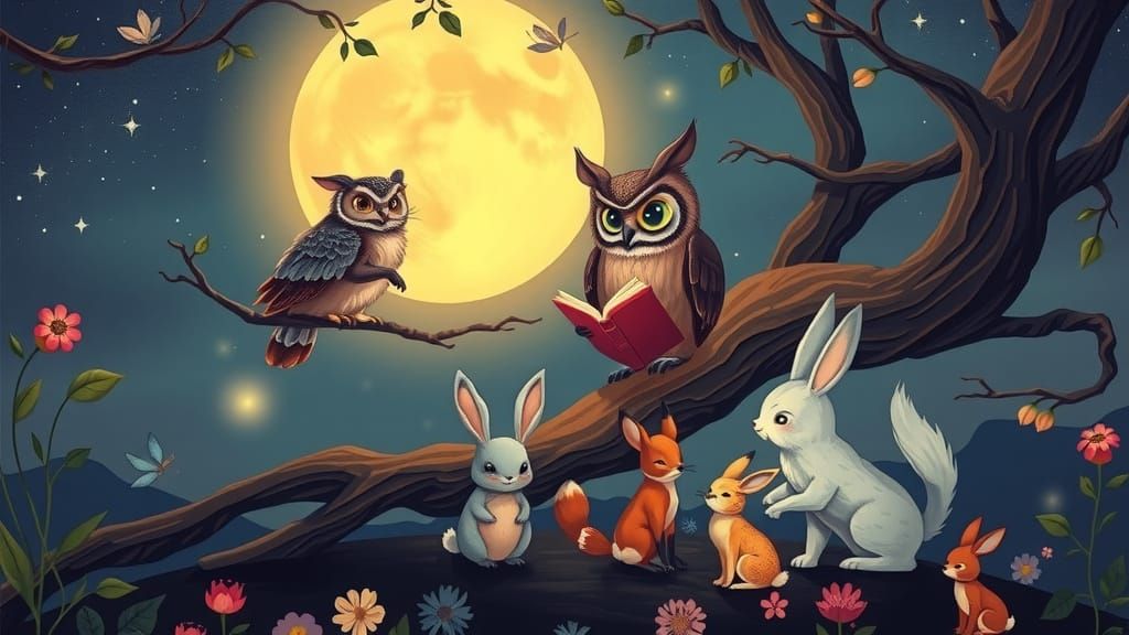 Whimsical Creatures Gather Under Starry Night Sky